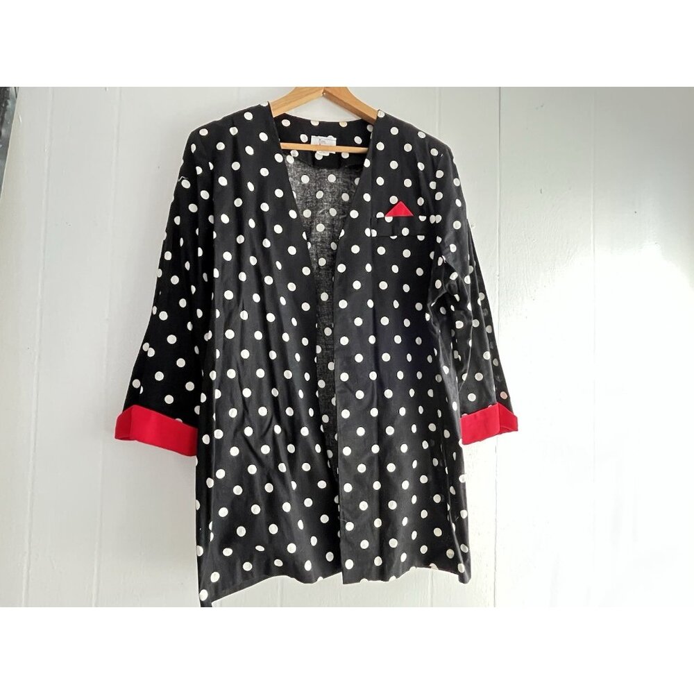 In Cinq Womens 80s Blazer Jacket Open Lightweight Black Polka Dot 46” Bust Max